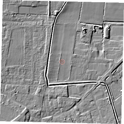 Shaded relief map of the ground around PE109YP, computed from Environment Agency LiDAR. The ground here sits at about 5 m above sea level and falls 7 m across the surrounding 800 m. Surface water reaching this point runs off ground lying to the west-north-west, 1.1 m higher.