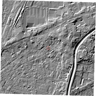 Shaded relief map of the ground around PE111AA, computed from Environment Agency LiDAR. The ground here sits at about 5 m above sea level and falls 5 m across the surrounding 800 m. Surface water reaching this point runs off ground lying to the east-north-east, 3.0 m higher.