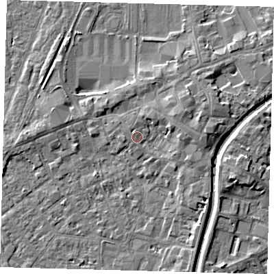 Shaded relief map of the ground around PE111AB, computed from Environment Agency LiDAR. The ground here sits at about 5 m above sea level and falls 5 m across the surrounding 800 m. Surface water reaching this point runs off ground lying to the north, 1.3 m higher.