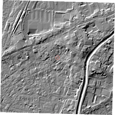 Shaded relief map of the ground around PE111AE, computed from Environment Agency LiDAR. The ground here sits at about 4 m above sea level and falls 5 m across the surrounding 800 m. Surface water reaching this point runs off ground lying to the east-north-east, 3.0 m higher.