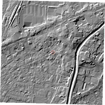 Shaded relief map of the ground around PE111AF, computed from Environment Agency LiDAR. The ground here sits at about 5 m above sea level and falls 5 m across the surrounding 800 m. Surface water reaching this point runs off ground lying to the north-east, 3.0 m higher.