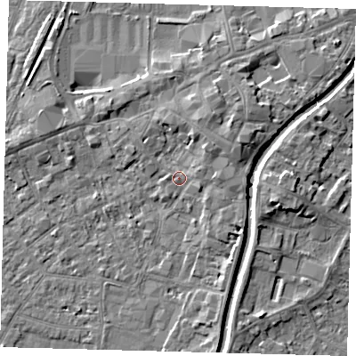 Shaded relief map of the ground around PE111AG, computed from Environment Agency LiDAR. The ground here sits at about 5 m above sea level and falls 5 m across the surrounding 800 m. Surface water reaching this point runs off ground lying to the north-east, 2.8 m higher.