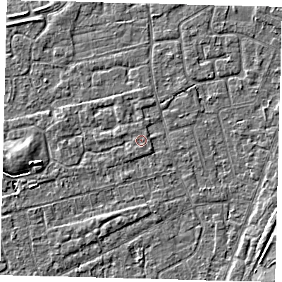 Shaded relief map of the ground around PE111AL, computed from Environment Agency LiDAR. The ground here sits at about 4 m above sea level and falls 4 m across the surrounding 800 m. The ground contributing surface water to this point lies to the south.