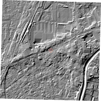 Shaded relief map of the ground around PE111AR, computed from Environment Agency LiDAR. The ground here sits at about 5 m above sea level and falls 5 m across the surrounding 800 m. Surface water reaching this point runs off ground lying to the east, 2.8 m higher.