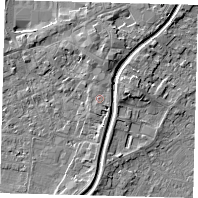 Shaded relief map of the ground around PE111AS, computed from Environment Agency LiDAR. The ground here sits at about 6 m above sea level and falls 5 m across the surrounding 800 m. Surface water reaching this point runs off ground lying to the north-east, 2.1 m higher.