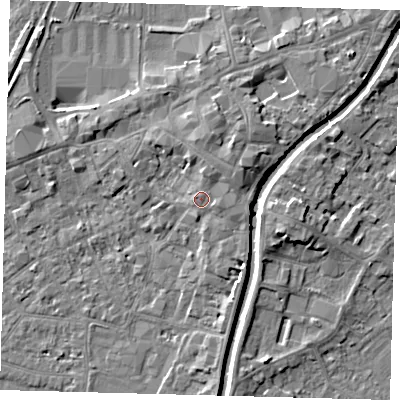 Shaded relief map of the ground around PE111AT, computed from Environment Agency LiDAR. The ground here sits at about 6 m above sea level and falls 5 m across the surrounding 800 m. Surface water reaching this point runs off ground lying to the north-east, 1.8 m higher.