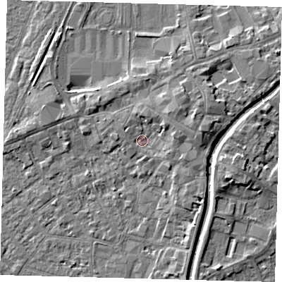 Shaded relief map of the ground around PE111AY, computed from Environment Agency LiDAR. The ground here sits at about 4 m above sea level and falls 5 m across the surrounding 800 m. Surface water reaching this point runs off ground lying to the east-north-east, 3.0 m higher.