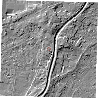 Shaded relief map of the ground around PE111AZ, computed from Environment Agency LiDAR. The ground here sits at about 6 m above sea level and falls 5 m across the surrounding 800 m. Surface water reaching this point runs off ground lying to the north-north-east, 1.3 m higher.