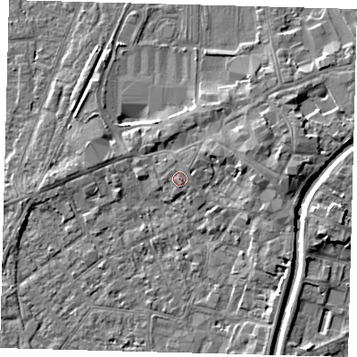 Shaded relief map of the ground around PE111BB, computed from Environment Agency LiDAR. The ground here sits at about 5 m above sea level and falls 5 m across the surrounding 800 m. Surface water reaching this point runs off ground lying to the south-south-east, 0.9 m higher.