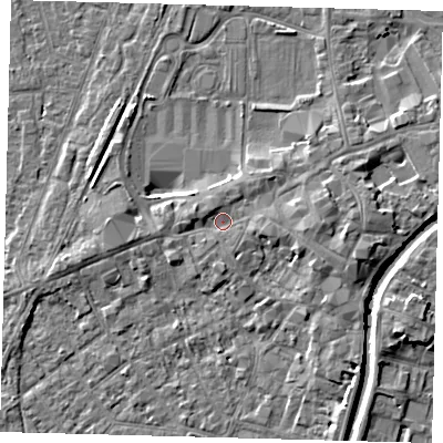 Shaded relief map of the ground around PE111BE, computed from Environment Agency LiDAR. The ground here sits at about 5 m above sea level and falls 5 m across the surrounding 800 m. Surface water reaching this point runs off ground lying to the east, 2.8 m higher.