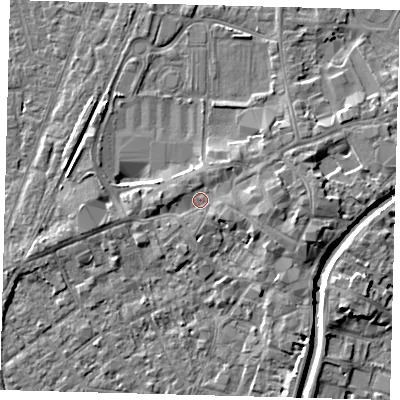 Shaded relief map of the ground around PE111BG, computed from Environment Agency LiDAR. The ground here sits at about 5 m above sea level and falls 5 m across the surrounding 800 m. Surface water reaching this point runs off ground lying to the east, 2.8 m higher.