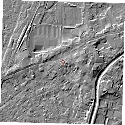 Shaded relief map of the ground around PE111BH, computed from Environment Agency LiDAR. The ground here sits at about 5 m above sea level and falls 5 m across the surrounding 800 m. Surface water reaching this point runs off ground lying to the east, 1.4 m higher.