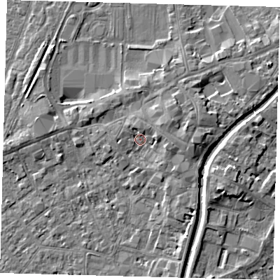Shaded relief map of the ground around PE111BN, computed from Environment Agency LiDAR. The ground here sits at about 5 m above sea level and falls 5 m across the surrounding 800 m. Surface water reaching this point runs off ground lying to the east-north-east, 2.6 m higher.