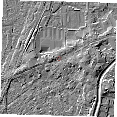 Shaded relief map of the ground around PE111BP, computed from Environment Agency LiDAR. The ground here sits at about 5 m above sea level and falls 5 m across the surrounding 800 m. Surface water reaching this point runs off ground lying to the east, 2.8 m higher.