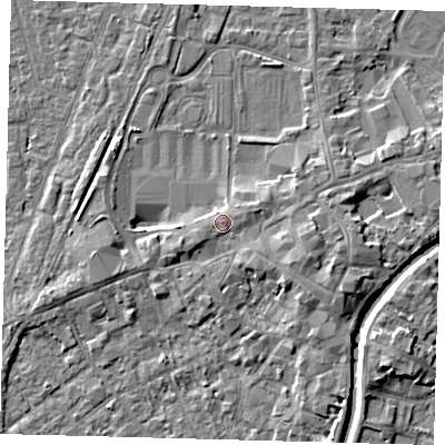 Shaded relief map of the ground around PE111BT, computed from Environment Agency LiDAR. The ground here sits at about 6 m above sea level and falls 5 m across the surrounding 800 m. Surface water reaching this point runs off ground lying to the east-south-east, 2.3 m higher.