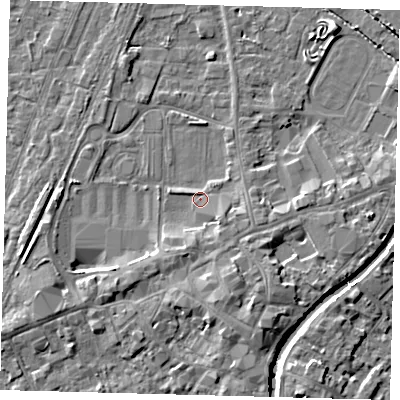 Shaded relief map of the ground around PE111DA, computed from Environment Agency LiDAR. The ground here sits at about 4 m above sea level and falls 5 m across the surrounding 800 m. Surface water reaching this point runs off ground lying to the south-south-east, 3.7 m higher.