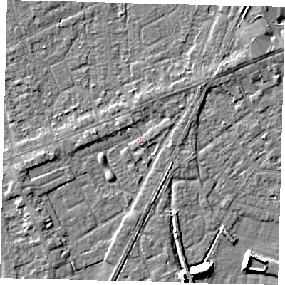 Shaded relief map of the ground around PE111DF, computed from Environment Agency LiDAR. The ground here sits at about 4 m above sea level and falls 9 m across the surrounding 800 m. Surface water reaching this point runs off ground lying to the north-north-west, 1.5 m higher.