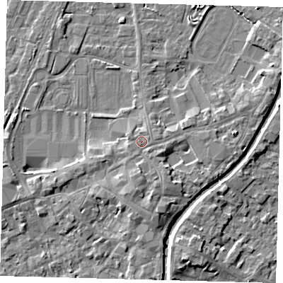 Shaded relief map of the ground around PE111DH, computed from Environment Agency LiDAR. The ground here sits at about 5 m above sea level and falls 5 m across the surrounding 800 m. Surface water reaching this point runs off ground lying to the south, 2.2 m higher.