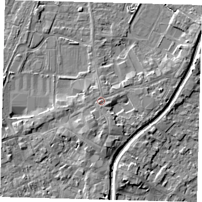 Shaded relief map of the ground around PE111DL, computed from Environment Agency LiDAR. The ground here sits at about 6 m above sea level and falls 5 m across the surrounding 800 m. Surface water reaching this point runs off ground lying to the south-south-west, 2.2 m higher.