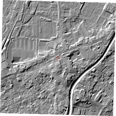 Shaded relief map of the ground around PE111DN, computed from Environment Agency LiDAR. The ground here sits at about 5 m above sea level and falls 5 m across the surrounding 800 m. Surface water reaching this point runs off ground lying to the south, 2.2 m higher.