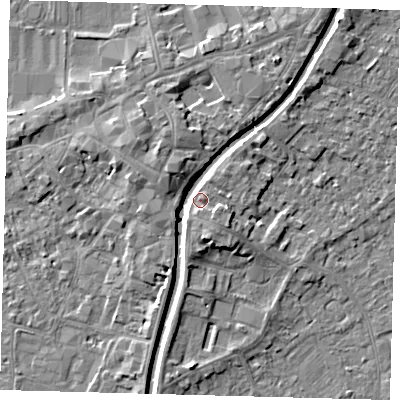 Shaded relief map of the ground around PE111DP, computed from Environment Agency LiDAR. The ground here sits at about 6 m above sea level and falls 5 m across the surrounding 800 m. Surface water reaching this point runs off ground lying to the north-west, 4.4 m higher.