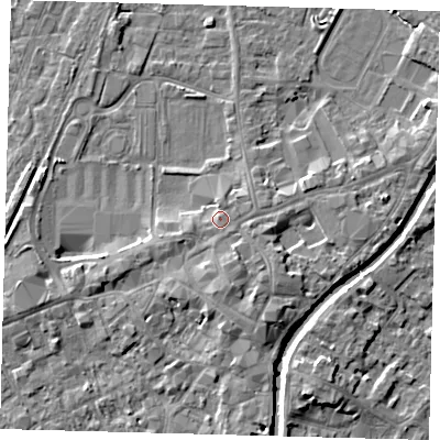 Shaded relief map of the ground around PE111DQ, computed from Environment Agency LiDAR. The ground here sits at about 5 m above sea level and falls 5 m across the surrounding 800 m. Surface water reaching this point runs off ground lying to the south, 2.8 m higher.