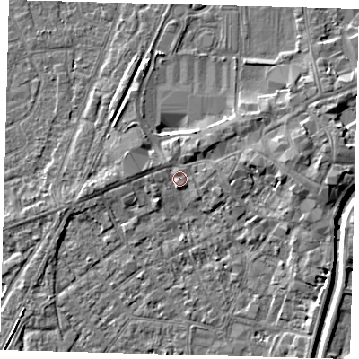 Shaded relief map of the ground around PE111DU, computed from Environment Agency LiDAR. The ground here sits at about 5 m above sea level and falls 5 m across the surrounding 800 m. Surface water reaching this point runs off ground lying to the east, 2.9 m higher.