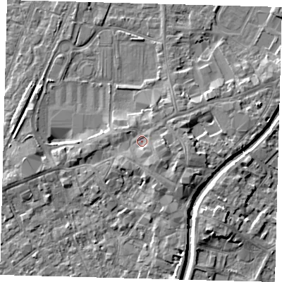 Shaded relief map of the ground around PE111DW, computed from Environment Agency LiDAR. The ground here sits at about 6 m above sea level and falls 5 m across the surrounding 800 m. Surface water reaching this point runs off ground lying to the south-east, 1.7 m higher.