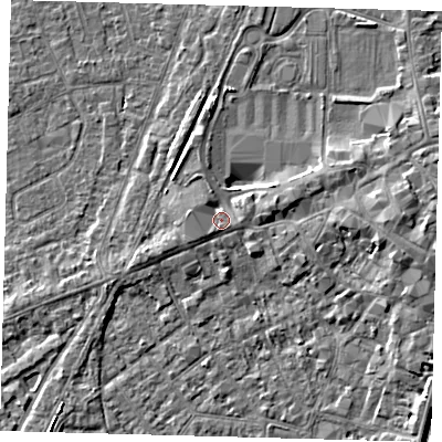 Shaded relief map of the ground around PE111DY, computed from Environment Agency LiDAR. The ground here sits at about 5 m above sea level and falls 5 m across the surrounding 800 m. Surface water reaching this point runs off ground lying to the west-north-west, 1.5 m higher.
