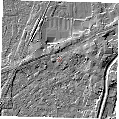 Shaded relief map of the ground around PE111EA, computed from Environment Agency LiDAR. The ground here sits at about 5 m above sea level and falls 5 m across the surrounding 800 m. Surface water reaching this point runs off ground lying to the east-north-east, 2.8 m higher.