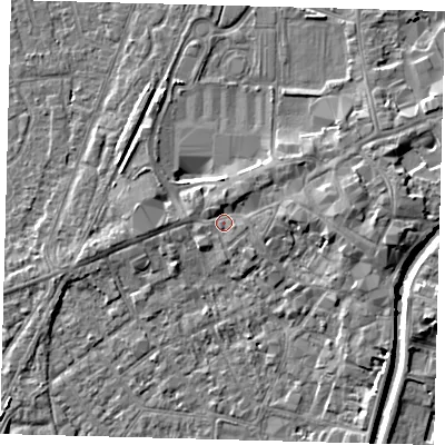 Shaded relief map of the ground around PE111EB, computed from Environment Agency LiDAR. The ground here sits at about 5 m above sea level and falls 5 m across the surrounding 800 m. Surface water reaching this point runs off ground lying to the east, 2.8 m higher.