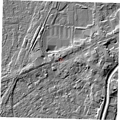 Shaded relief map of the ground around PE111EF, computed from Environment Agency LiDAR. The ground here sits at about 5 m above sea level and falls 5 m across the surrounding 800 m. Surface water reaching this point runs off ground lying to the east, 2.8 m higher.