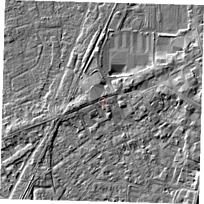 Shaded relief map of the ground around PE111EG, computed from Environment Agency LiDAR. The ground here sits at about 5 m above sea level and falls 5 m across the surrounding 800 m. Surface water reaching this point runs off ground lying to the north, 1.3 m higher.