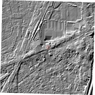 Shaded relief map of the ground around PE111EH, computed from Environment Agency LiDAR. The ground here sits at about 5 m above sea level and falls 5 m across the surrounding 800 m. Surface water reaching this point runs off ground lying to the east-north-east, 0.9 m higher.
