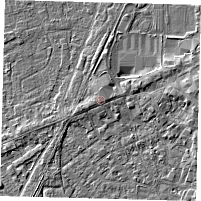 Shaded relief map of the ground around PE111EJ, computed from Environment Agency LiDAR. The ground here sits at about 5 m above sea level and falls 5 m across the surrounding 800 m. Surface water reaching this point runs off ground lying to the north-north-east, 0.6 m higher.