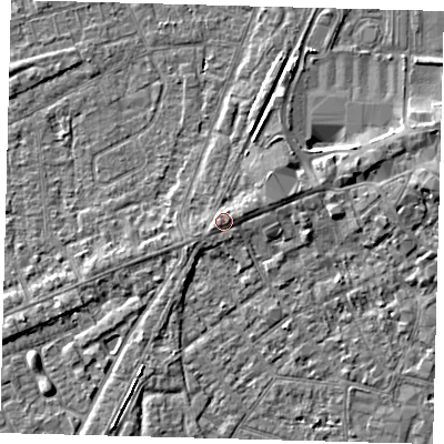 Shaded relief map of the ground around PE111EN, computed from Environment Agency LiDAR. The ground here sits at about 5 m above sea level and falls 4 m across the surrounding 800 m. Surface water reaching this point runs off ground lying to the east-north-east, 0.9 m higher.