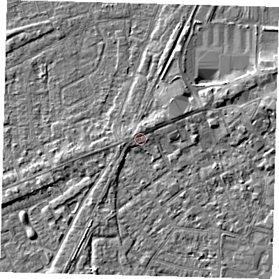 Shaded relief map of the ground around PE111EQ, computed from Environment Agency LiDAR. The ground here sits at about 4 m above sea level and falls 4 m across the surrounding 800 m. Surface water reaching this point runs off ground lying to the north, 0.7 m higher.