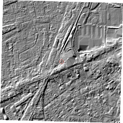 Shaded relief map of the ground around PE111ER, computed from Environment Agency LiDAR. The ground here sits at about 4 m above sea level and falls 4 m across the surrounding 800 m. Surface water reaching this point runs off ground lying to the east-north-east, 1.7 m higher.