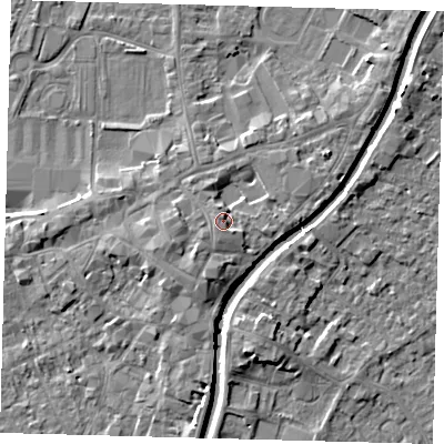 Shaded relief map of the ground around PE111ES, computed from Environment Agency LiDAR. The ground here sits at about 6 m above sea level and falls 5 m across the surrounding 800 m. Surface water reaching this point runs off ground lying to the west-south-west, 1.8 m higher.