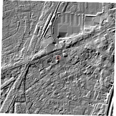 Shaded relief map of the ground around PE111EW, computed from Environment Agency LiDAR. The ground here sits at about 4 m above sea level and falls 5 m across the surrounding 800 m. Surface water reaching this point runs off ground lying to the north-north-east, 1.4 m higher.