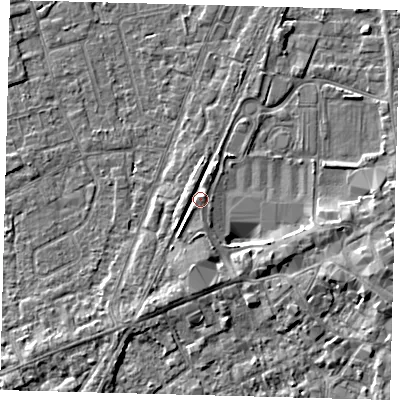 Shaded relief map of the ground around PE111EY, computed from Environment Agency LiDAR. The ground here sits at about 5 m above sea level and falls 5 m across the surrounding 800 m. Surface water reaching this point runs off ground lying to the south, 1.8 m higher.