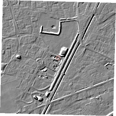 Shaded relief map of the ground around PE111FQ, computed from Environment Agency LiDAR. The ground here sits at about 2 m above sea level and falls 10 m across the surrounding 800 m. Surface water reaching this point runs off ground lying to the south-south-west, 9.1 m higher.
