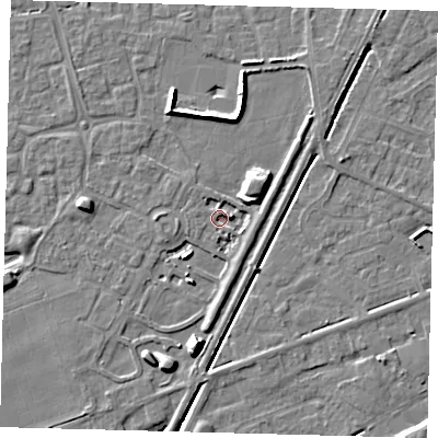 Shaded relief map of the ground around PE111FU, computed from Environment Agency LiDAR. The ground here sits at about 2 m above sea level and falls 10 m across the surrounding 800 m. Surface water reaching this point runs off ground lying to the south, 9.1 m higher.