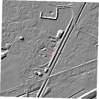 Shaded relief map of the ground around PE111FY, computed from Environment Agency LiDAR. The ground here sits at about 3 m above sea level and falls 11 m across the surrounding 800 m. Surface water reaching this point runs off ground lying to the south, 8.9 m higher.