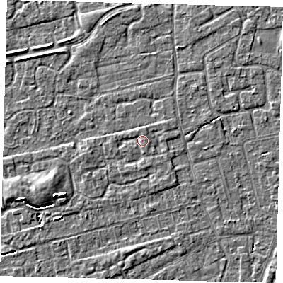 Shaded relief map of the ground around PE111GD, computed from Environment Agency LiDAR. The ground here sits at about 4 m above sea level and falls 4 m across the surrounding 800 m. Surface water reaching this point runs off ground lying to the east-north-east, 0.8 m higher.