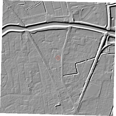 Shaded relief map of the ground around PE111GF, computed from Environment Agency LiDAR. The ground here sits at about 3 m above sea level and falls 5 m across the surrounding 800 m. Surface water reaching this point runs off ground lying to the east-north-east, 4.8 m higher.