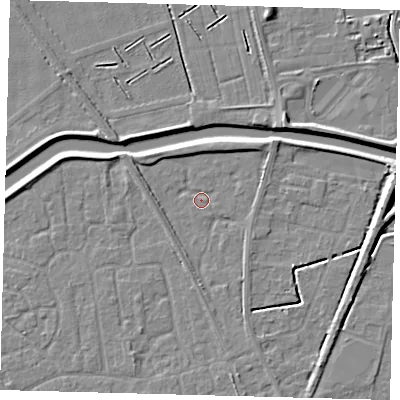 Shaded relief map of the ground around PE111GG, computed from Environment Agency LiDAR. The ground here sits at about 3 m above sea level and falls 5 m across the surrounding 800 m. Surface water reaching this point runs off ground lying to the south, 1.5 m higher.