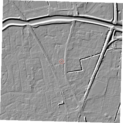 Shaded relief map of the ground around PE111GH, computed from Environment Agency LiDAR. The ground here sits at about 3 m above sea level and falls 5 m across the surrounding 800 m. Surface water reaching this point runs off ground lying to the east-north-east, 4.8 m higher.