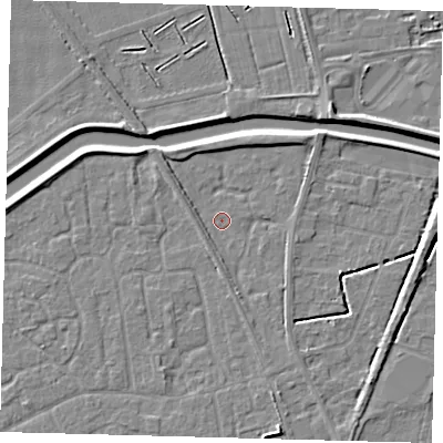 Shaded relief map of the ground around PE111GL, computed from Environment Agency LiDAR. The ground here sits at about 3 m above sea level and falls 4 m across the surrounding 800 m. Surface water reaching this point runs off ground lying to the south-south-east, 1.5 m higher.