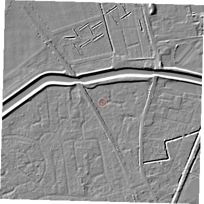 Shaded relief map of the ground around PE111GN, computed from Environment Agency LiDAR. The ground here sits at about 3 m above sea level and falls 4 m across the surrounding 800 m. Surface water reaching this point runs off ground lying to the west, 1.5 m higher.